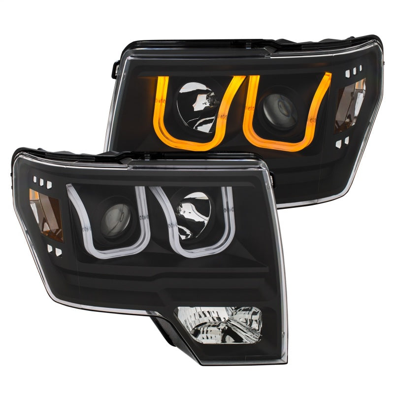 ANZO 2009-2014 Ford F-150 Projector Headlights w/ U-Bar Switchback Black w/ Amber - Burkken Auto Parts