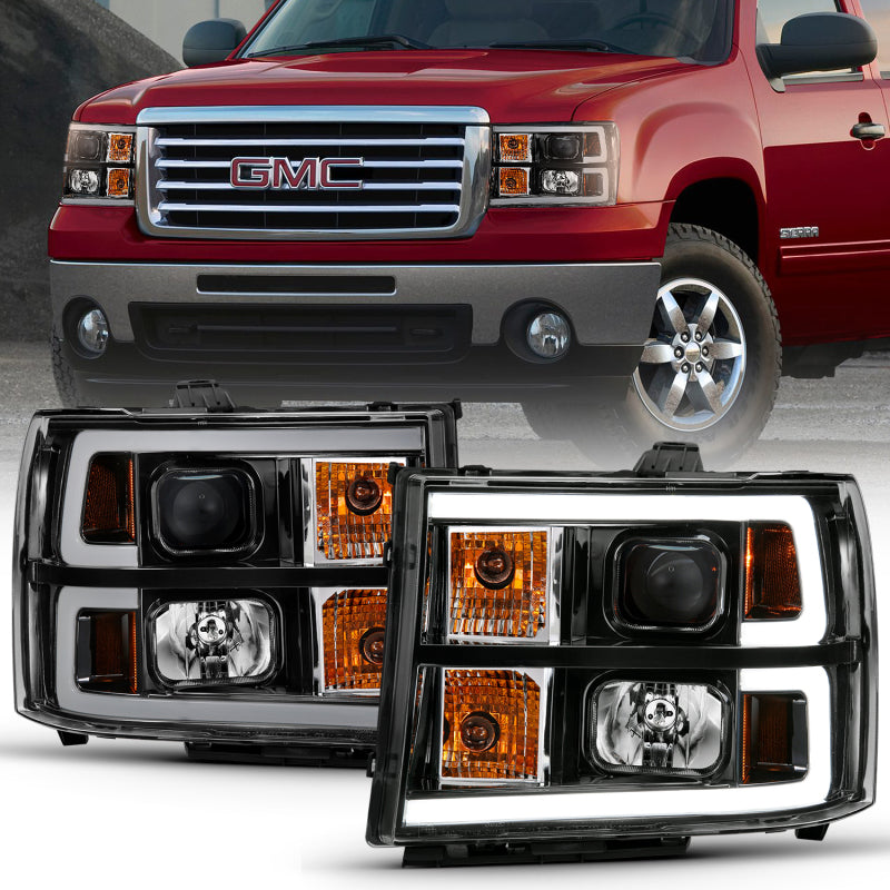 ANZO 2007-2013 GMC Sierra 1500 Projector Headlight Plank Style Black w/ Clear Lens Amber - Burkken Auto Parts