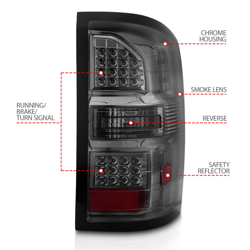 ANZO 2014-2018 GMC Sierra LED Tail Lights Black Housing Smoke Lens - Burkken Auto Parts
