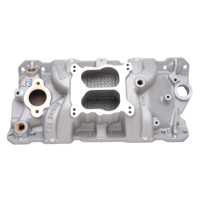 Edelbrock Manifold SBC 23-Degree Marine RPM 1955-1986 w/ Brass - Burkken Auto Parts