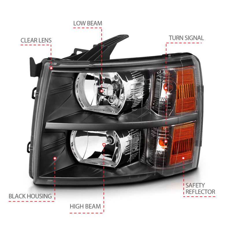 ANZO 2007-2013 Chevrolet Silverado Crystal Headlights Black - Burkken Auto Parts