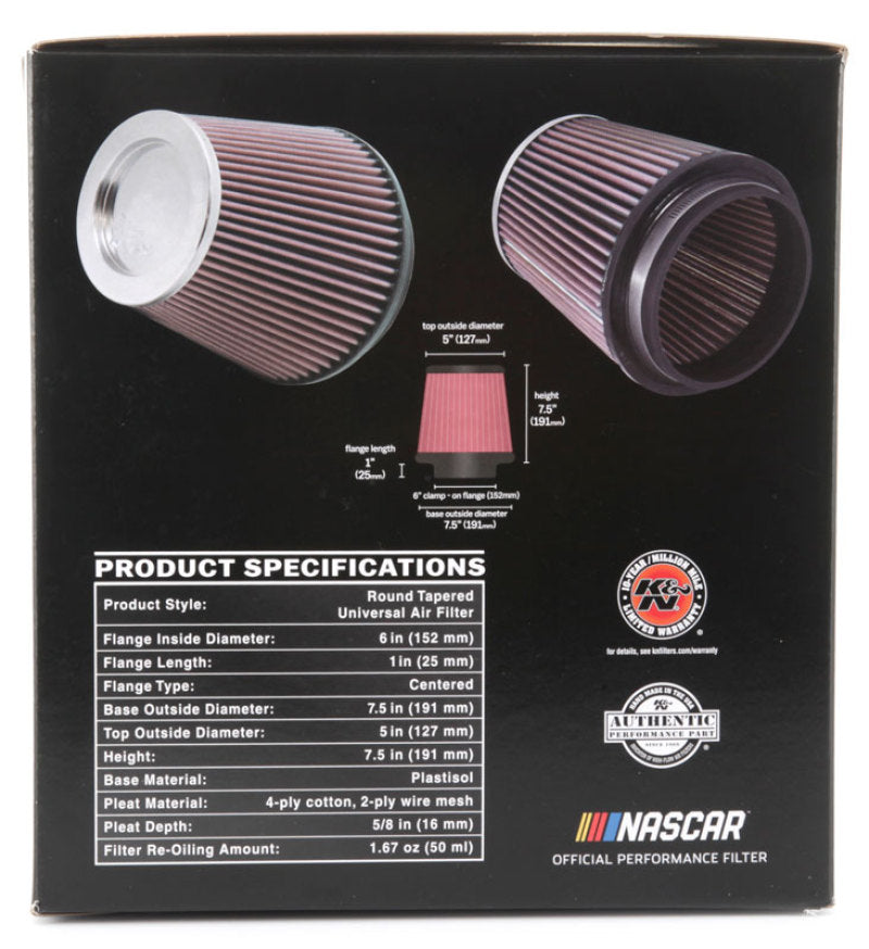 K&N Round Tapered Universal Air Filter 6 inch Flange 7 1/2 inch Base 5 inch Top 7 1/2 inch Height - Burkken Auto Parts
