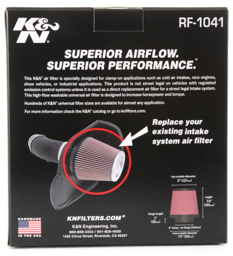 K&N Round Tapered Universal Air Filter 6 inch Flange 7 1/2 inch Base 5 inch Top 7 1/2 inch Height - Burkken Auto Parts