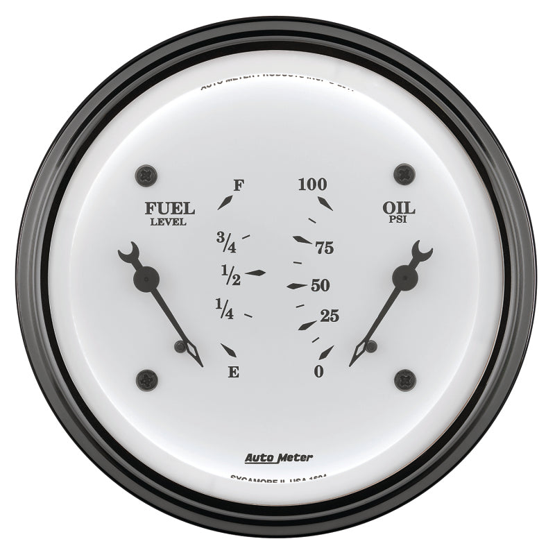 AutoMeter Gauge Dual Fuel & Oilp 3-3/8in. 0 Ohm(e) to 90 Ohm(f)& 100PSI Elec Old Tyme White - Burkken Auto Parts