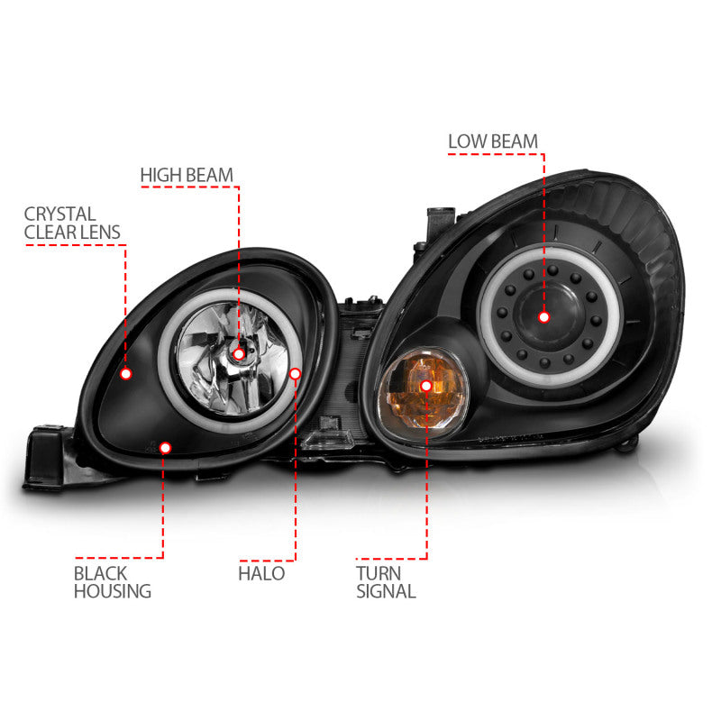 ANZO 1998-2005 Lexus Gs300 Projector Headlights w/ Halo Black - Burkken Auto Parts