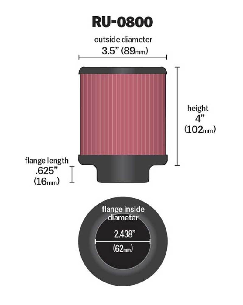 K&N Universal Air Filter - 2-7/16in Flange x 3-1/2in OD x 4in Height - Burkken Auto Parts