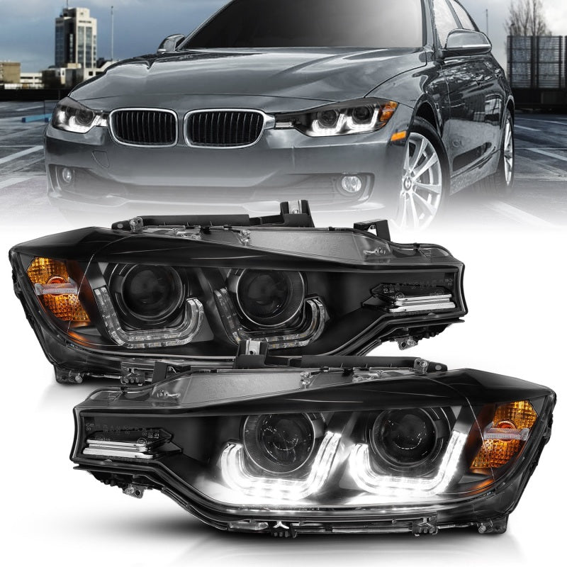 ANZO 2012-2015 BMW 3 Series Projector Headlights w/ U-Bar Black - Burkken Auto Parts