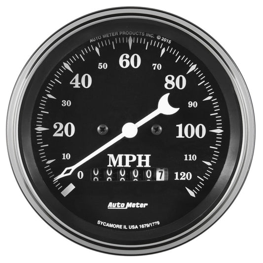 Auto Meter Gauge Speedo. 3 3/8in 120mph Elec. Prog. w/ Wheel Odo Old Tyme Black - Burkken Auto Parts