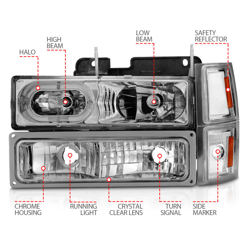 ANZO 88-98 Chevrolet C1500 Crystal Headlights Chrome Housing w/ Signal and Side Marker Lights - Burkken Auto Parts