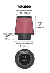 K&N Filter Universal Rubber Filter 3 1/2 inch Flange 5 inch Base 3 1/2 inch Top 4 inch Height - Burkken Auto Parts