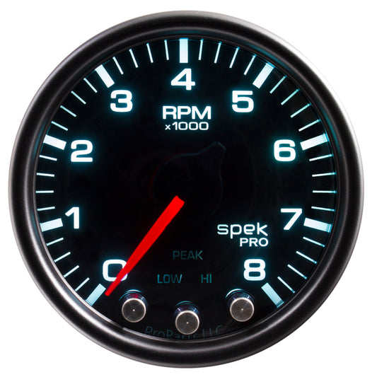 Autometer Spek-Pro Gauge Tach 2 1/16in 8K Rpm W/ Shift Light & Peak Mem Blk/Smoke/Blk - Burkken Auto Parts