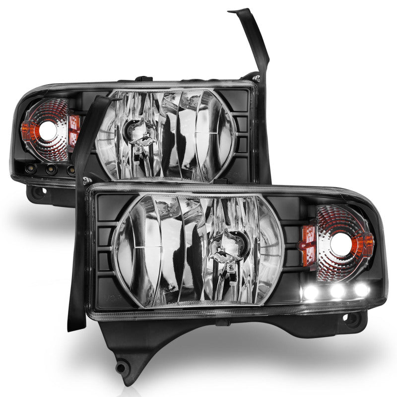 ANZO 1994-2001 Dodge Ram Crystal Headlights Black w/ LED - Burkken Auto Parts