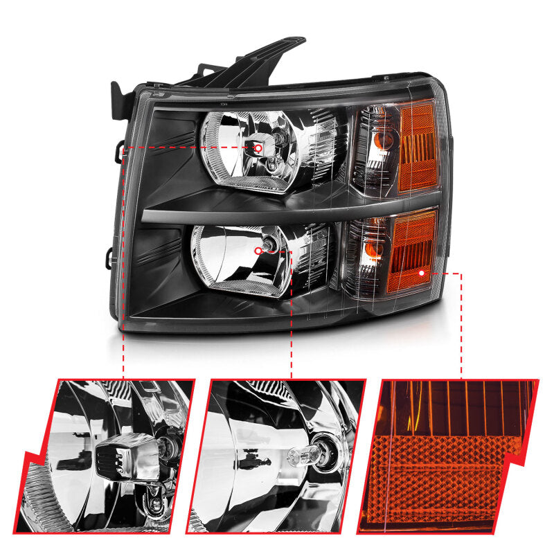 ANZO 2007-2013 Chevrolet Silverado Crystal Headlights Black - Burkken Auto Parts