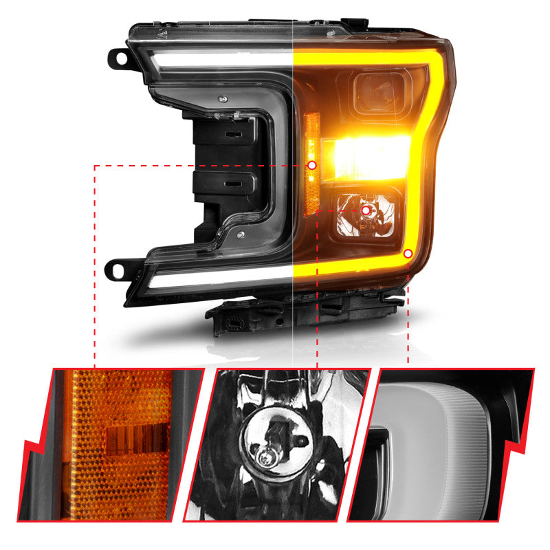 ANZO 2018-2020 Ford F-150 Projector Headlight w/ Plank Style Switchback Black Housing - Burkken Auto Parts