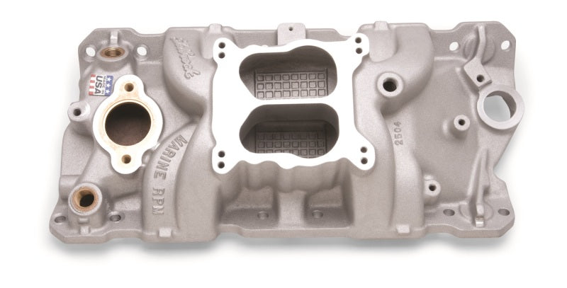 Edelbrock Manifold SBC 23-Degree Marine RPM 1955-1986 w/ Brass - Burkken Auto Parts