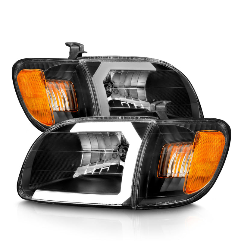ANZO 00-04 Toyota Tundra (Fits Reg/Acc Cab Only) Crystal Headlights w/Light Bar Black w/Corner Light - Burkken Auto Parts