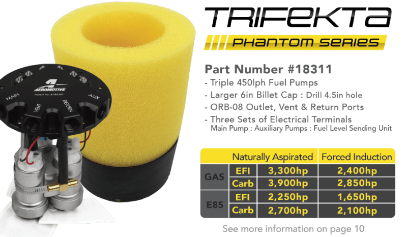 Aeromotive Fuel Pump - Phantom Trifekta Universal In-Tank - 450lph - 6-10in Depth - Burkken Auto Parts