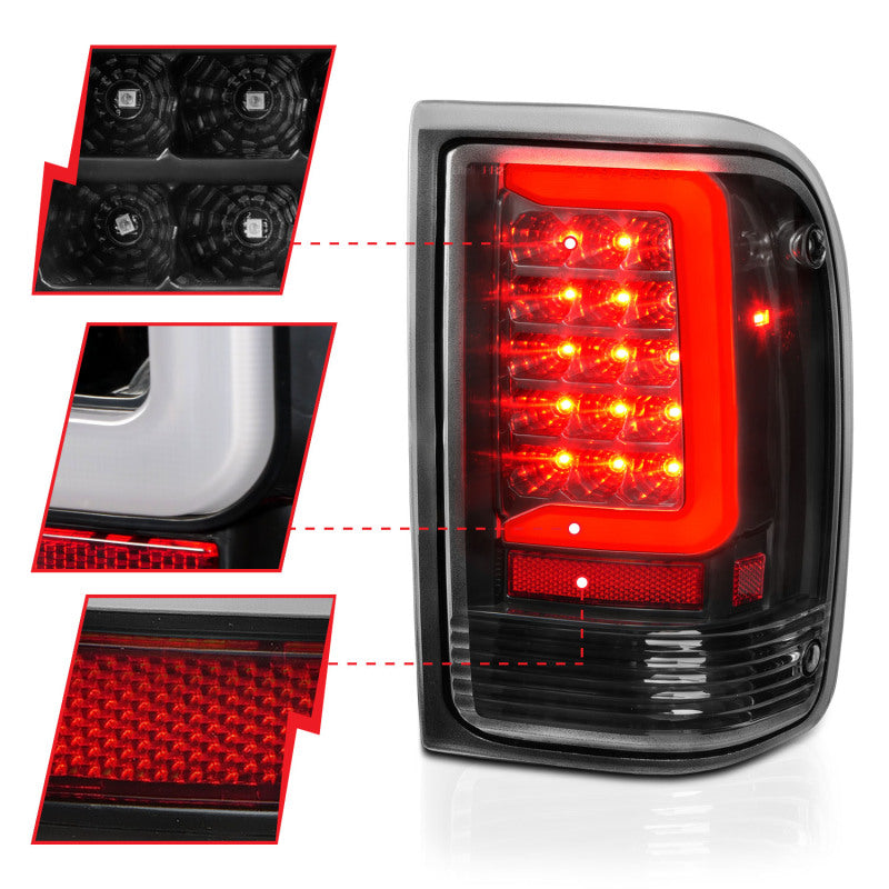 ANZO 1993-1997 Ford  Ranger LED Tail Lights w/ Light Bar Black Housing Clear Lens - Burkken Auto Parts