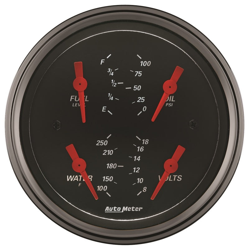 Autometer Designer Black 3.375in Quad Gauge - Fuel Level / Oil Pressure / Water Temp. / Voltmeter - Burkken Auto Parts