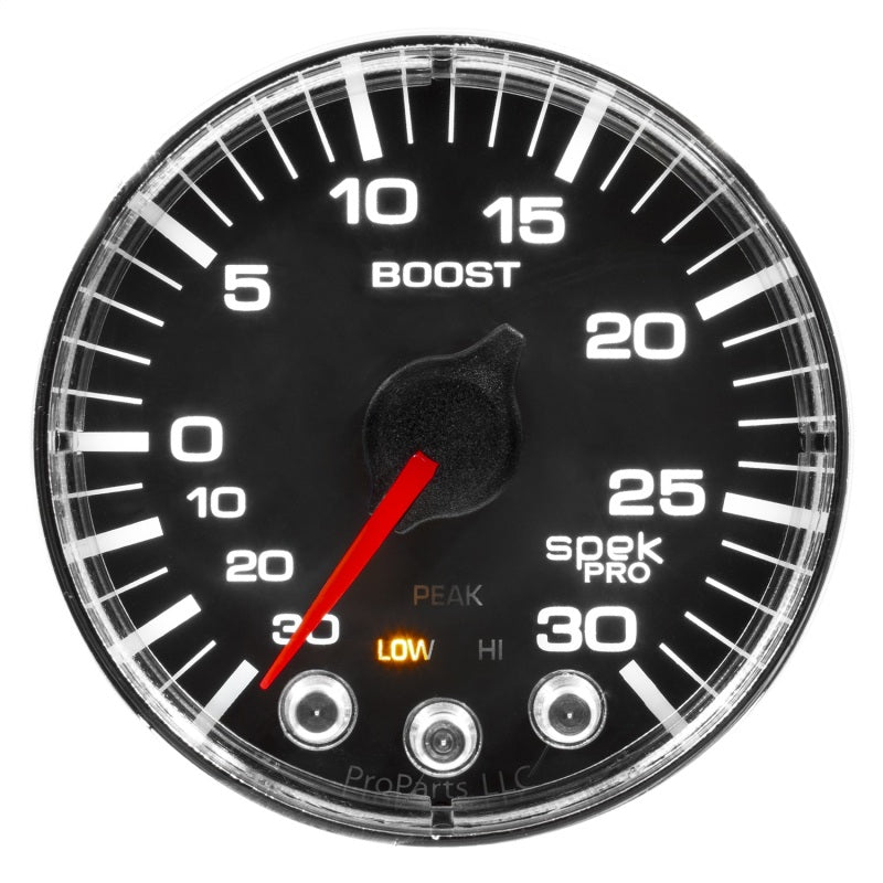 Autometer Spek-Pro Gauge Vac/Boost 2 1/16in 30Inhg-30psi Stepper Motor W/Peak & Warn Black/Chrome - Burkken Auto Parts