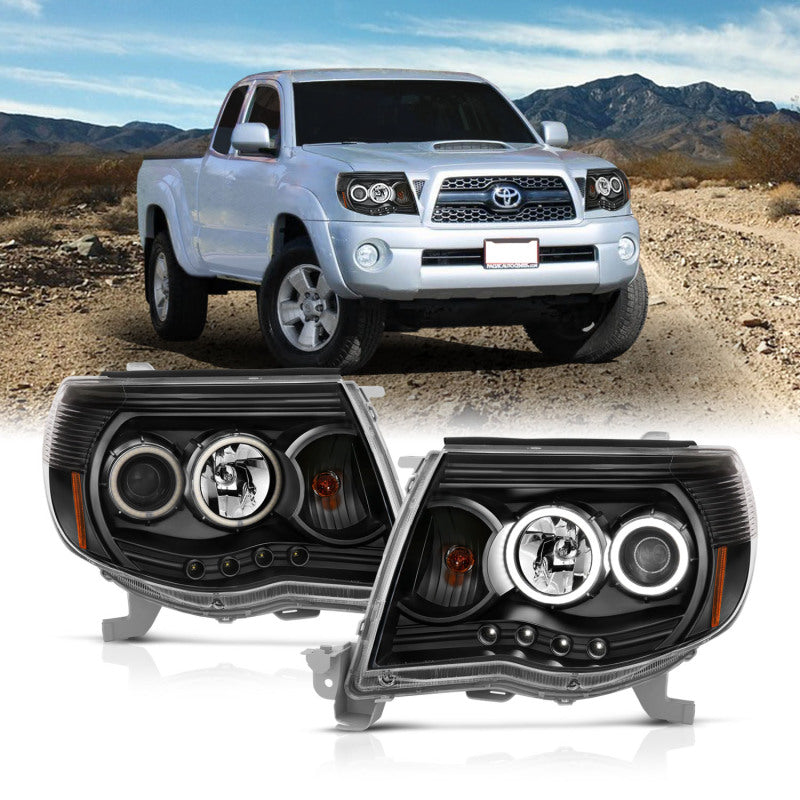 ANZO 2005-2011 Toyota Tacoma Projector Headlights w/ Halo Black - Burkken Auto Parts