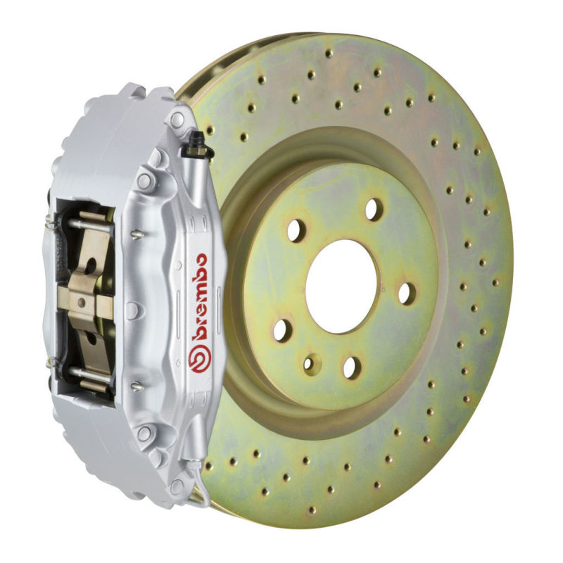 Brembo 05-14 Mustang GT Excl non-ABS Equipped Fr GT BBK 4Pist Cast 2pc 355x32 1pc Rtr Drill-Silver - Burkken Auto Parts