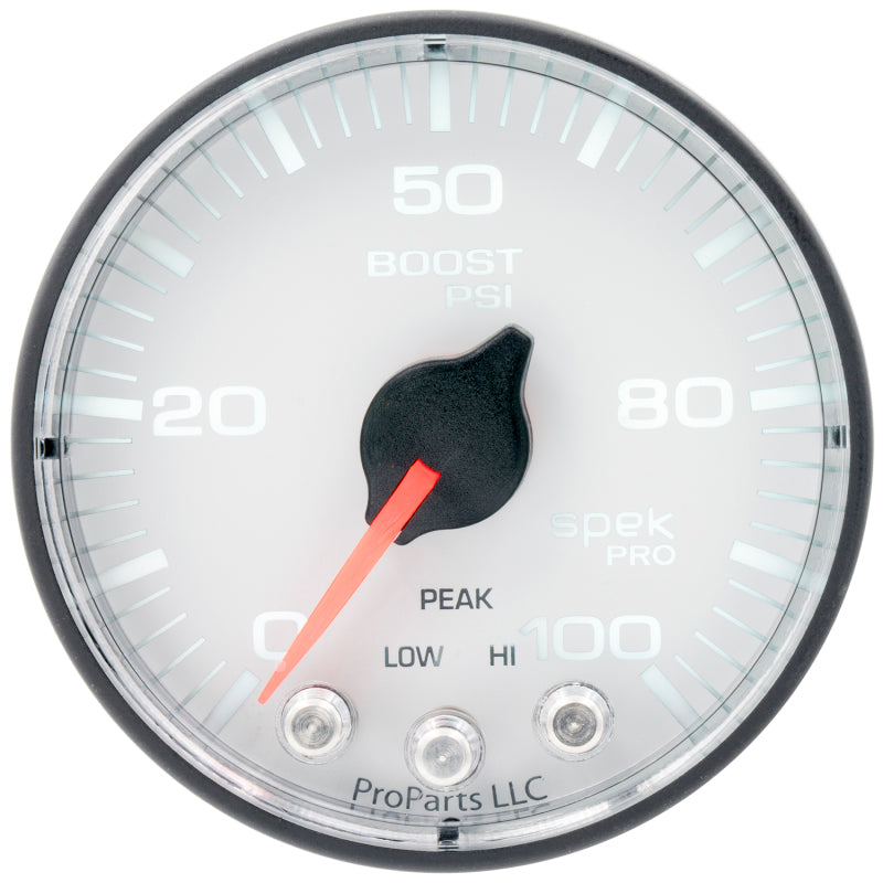 Autometer Spek-Pro 2 1/16in 100PSI Stepper Motor W/Peak & Warn White/Black Boost Gauge - Burkken Auto Parts