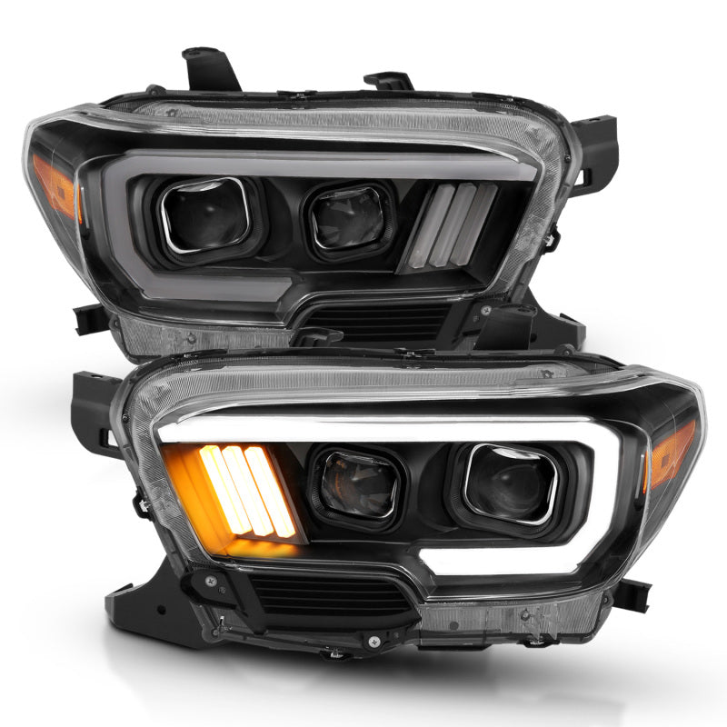 ANZO 2016-2017 Toyota Tacoma Projector Headlights w/ Plank Style Design Black/Amber w/ DRL - Burkken Auto Parts