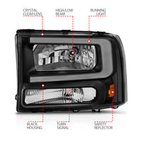 ANZO 99-04 Ford F250/F350/F450/Excursion (excl. 99) Crystal Headlights - w/ Light Bar Black Housing - Burkken Auto Parts