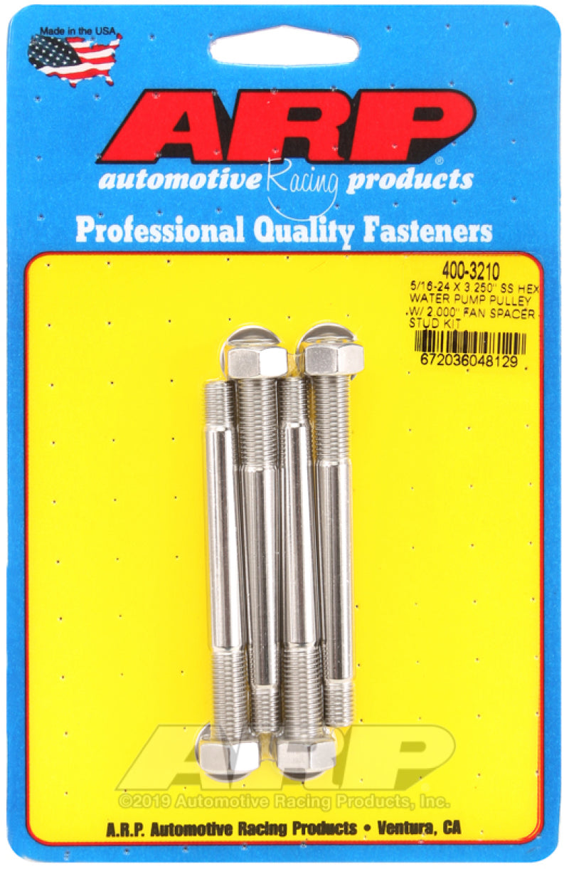 ARP 5/16-24 X 3.250 SS Hex Water Pump Pulley w/ 2.000in Fan Spacer Stud Kit - Burkken Auto Parts