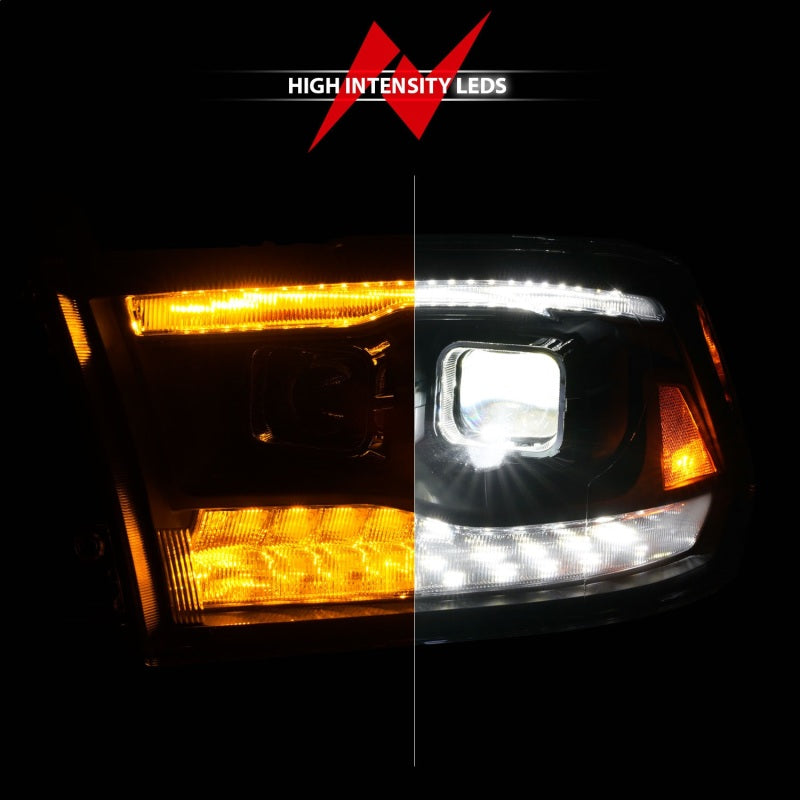ANZO 09-18 Dodge Ram 1500/2500/3500 Full LED Proj Headlights w/Switchback Light Bar - Black - Burkken Auto Parts