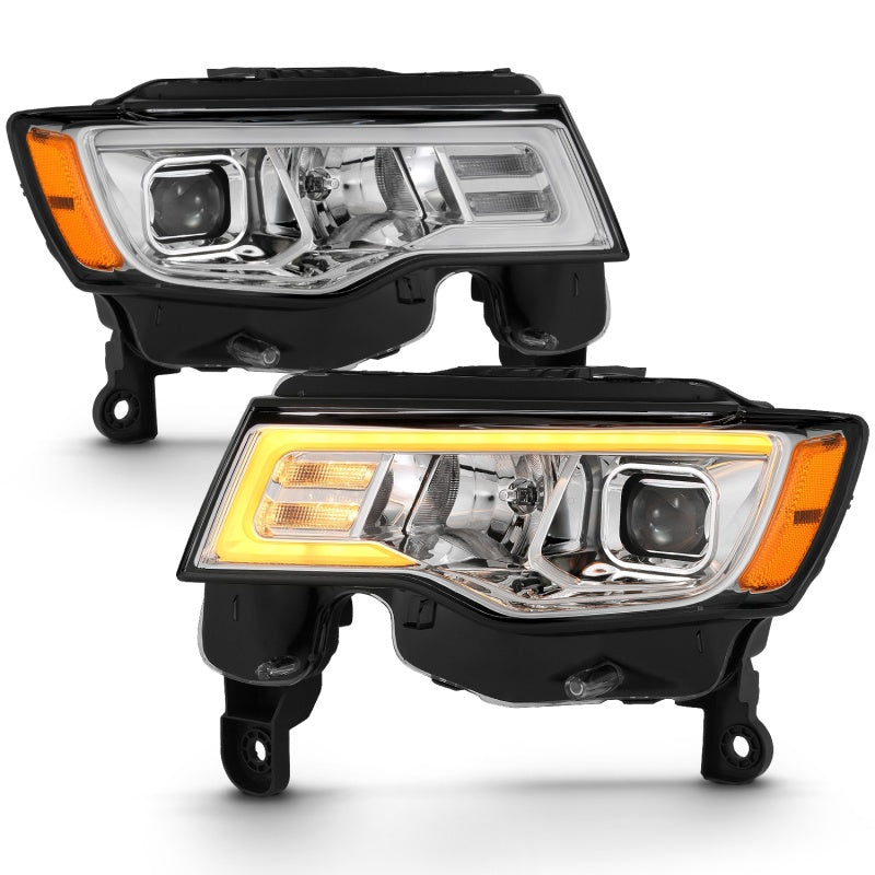 ANZO 2017-2018 Jeep Grand Cherokee Projector Headlights w/ Plank Style Switchback - Chrome w/ Amber - Burkken Auto Parts