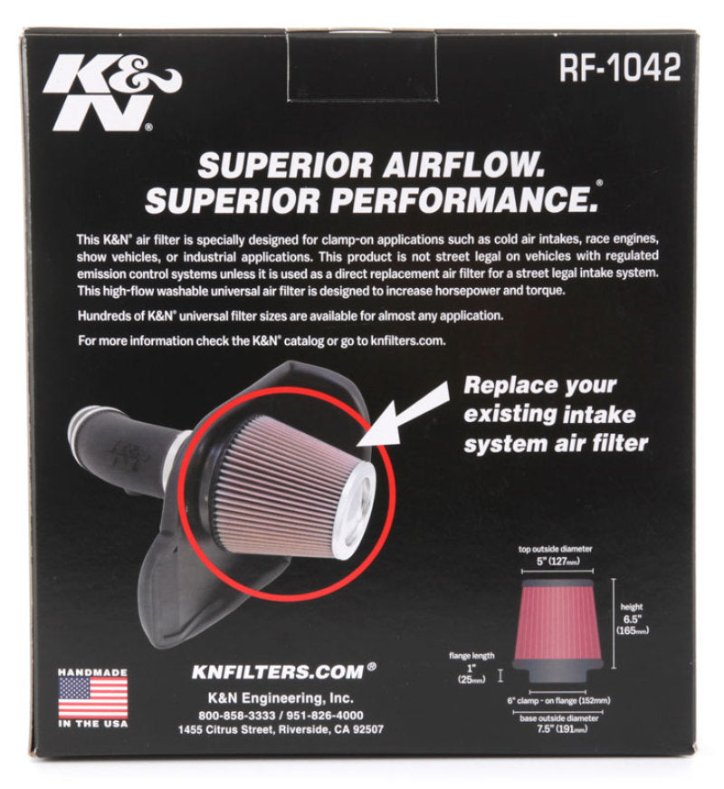 K&N Round Tapered Universal Air Filter 6in Flange ID x 7.5in Base OD x 5in Top OD x 6.5in Height - Burkken Auto Parts