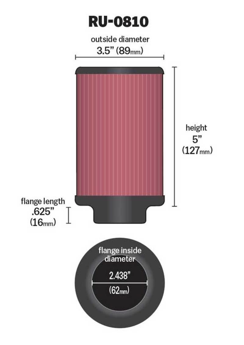 K&N Universal Rubber Filter 2.438in Flange ID x 3.5in OD x 5in Height for 97-98 Yamaha TDM850 - Burkken Auto Parts