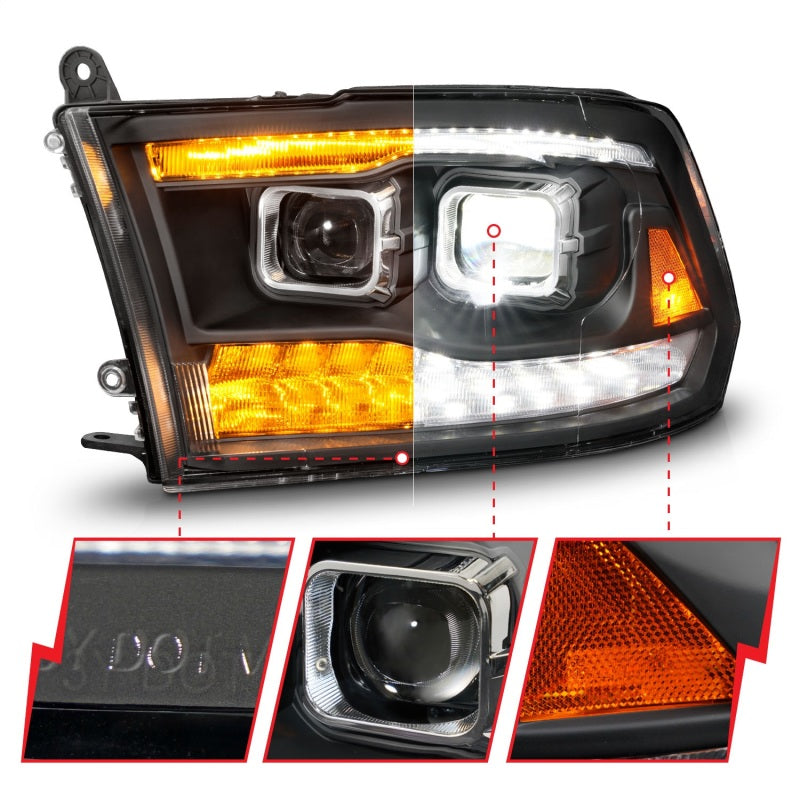 ANZO 09-18 Dodge Ram 1500/2500/3500 Full LED Proj Headlights w/Switchback Light Bar - Black - Burkken Auto Parts