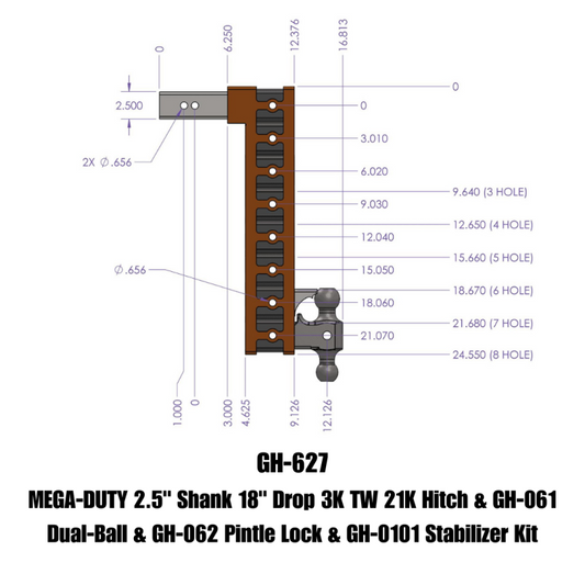 Gen-Y Mega Duty 2.5in Shank 18in Drop 21K Hitch w/GH-061 Dual-Ball/Pintle Lock/Stabilizer Kit