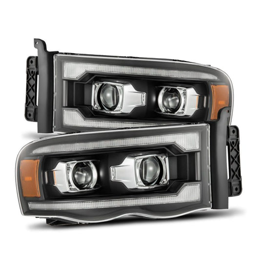 AlphaRex 02-05 Dodge Ram 1500 LUXX LED Proj Headlights Plank Style Black w/Activ Light/Seq Signal - Burkken Auto Parts