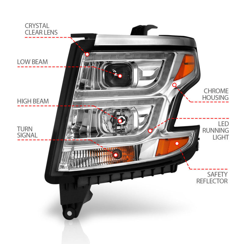 ANZO 2015-2020 Chevy Tahoe Projector Headlights Plank Style Chrome w/DRL - Burkken Auto Parts