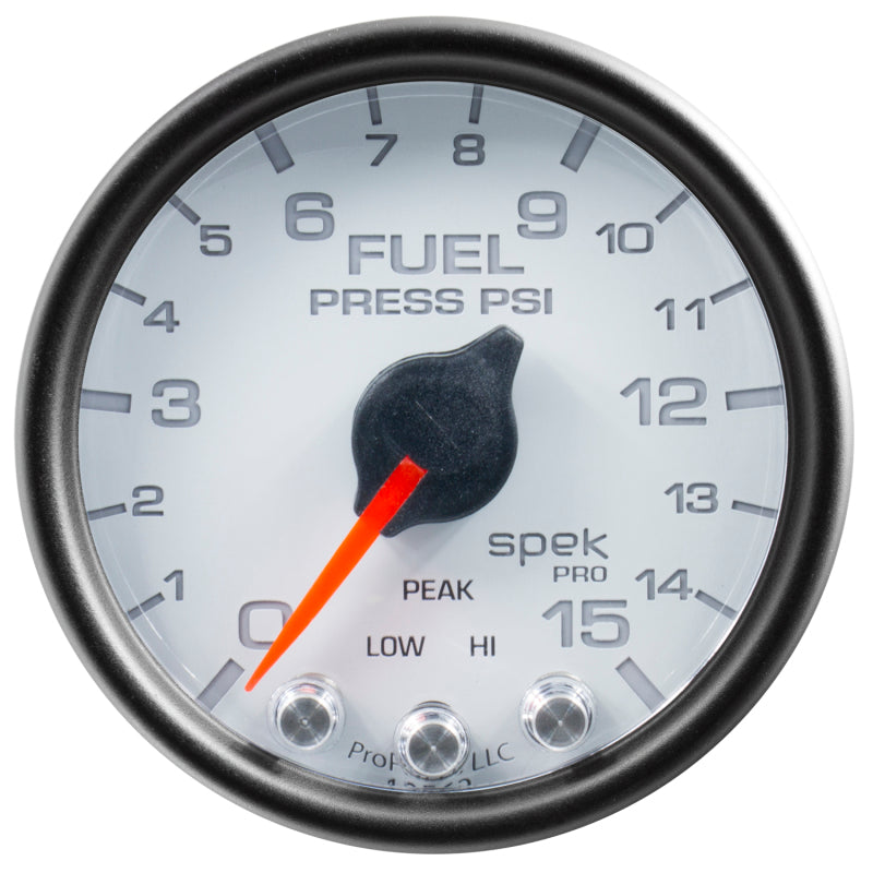 Autometer Spek-Pro Gauge Fuel Press 2 1/16in 15psi Stepper Motor W/Peak & Warn Wht/Blk - Burkken Auto Parts