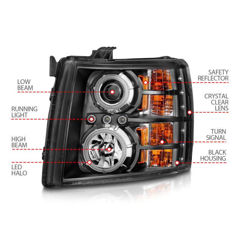 ANZO 2007-2013 Chevrolet Silverado 1500 Projector Headlights w/ Halo Black - Burkken Auto Parts