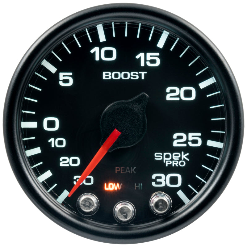 Autometer Spek-Pro Gauge Vac/Boost 2 1/16in 30Inhg-30psi Stepper Motor W/Peak & Warn Black/Black - Burkken Auto Parts