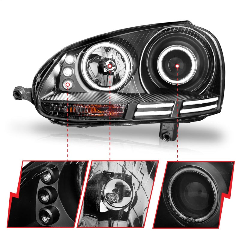 ANZO 2006-2009 Volkswagen Rabbit Projector Headlights w/ Halo Black (CCFL) - Burkken Auto Parts