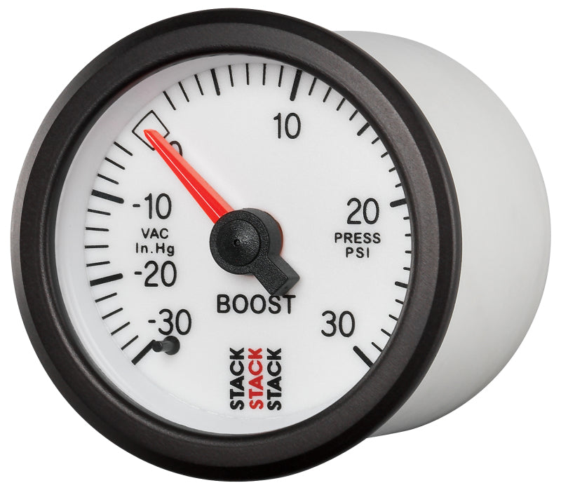 Autometer Stack 52mm -30INHG to +30 PSI (Incl T-Fitting) Mechanical Boost Pressure Gauge - White - Burkken Auto Parts