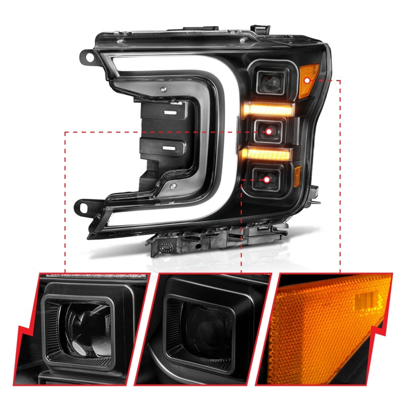 ANZO 18-20 Ford F-150 Full Led Projector Smoke Bar Style Headlights Black Amber - Burkken Auto Parts