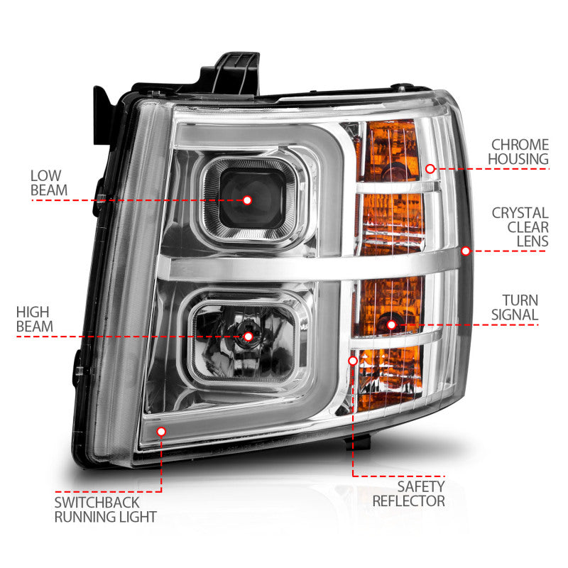 ANZO 2007-2013 Chevrolet Silverado 1500 Projector w/ Light Bar Chrome Housing w/ Sequential - Burkken Auto Parts