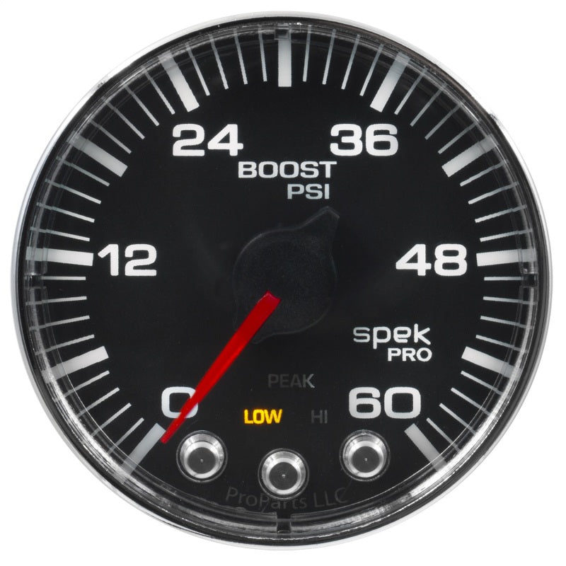Autometer Spek-Pro Gauge Boost 2 1/16in 60psi Stepper Motor W/Peak & Warn Blk/Chrm - Burkken Auto Parts