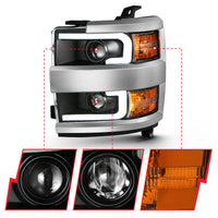 ANZO 2015-2016 Chevrolet Silverado Projector Headlights w/ Plank Style Design Black w/ Amber - Burkken Auto Parts