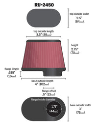 K&N Univ Clamp-On Air Filter - 1-3/4in FLG O/S 4in X 3in B 3in X 2in T 2-3/4inH OVAL - Burkken Auto Parts