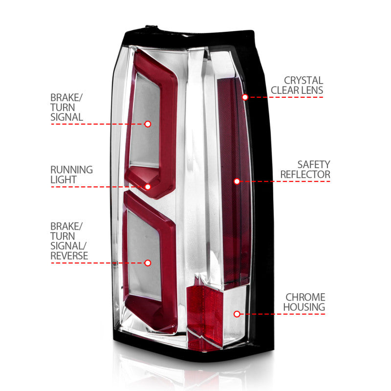 ANZO 2015-2020 Chevrolet Tahoe LED Tail Lights w/ Light Bar Chrome Housing Clear Lens - Burkken Auto Parts