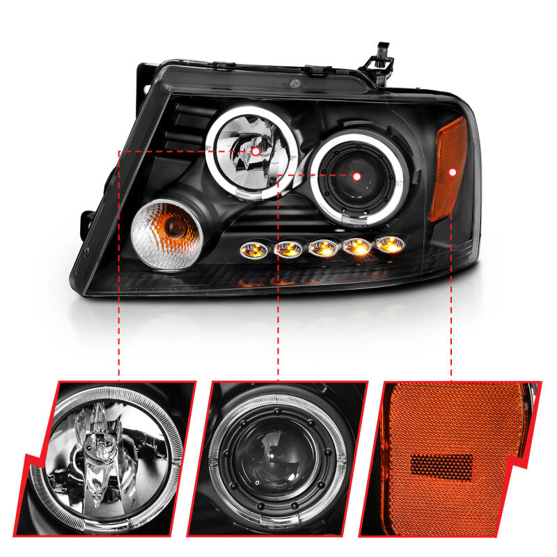 ANZO 2004-2008 Ford F-150 Projector Headlights w/ Halo and LED Black G2 - Burkken Auto Parts